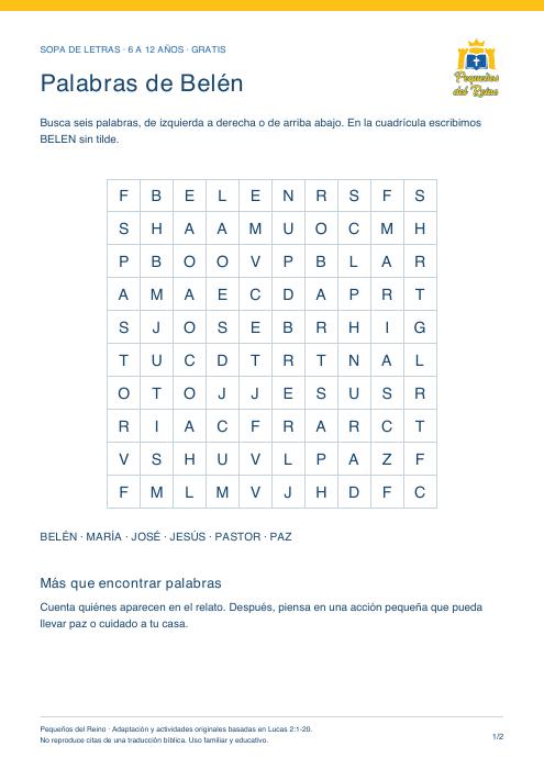 Vista previa de la sopa de letras de Belén.