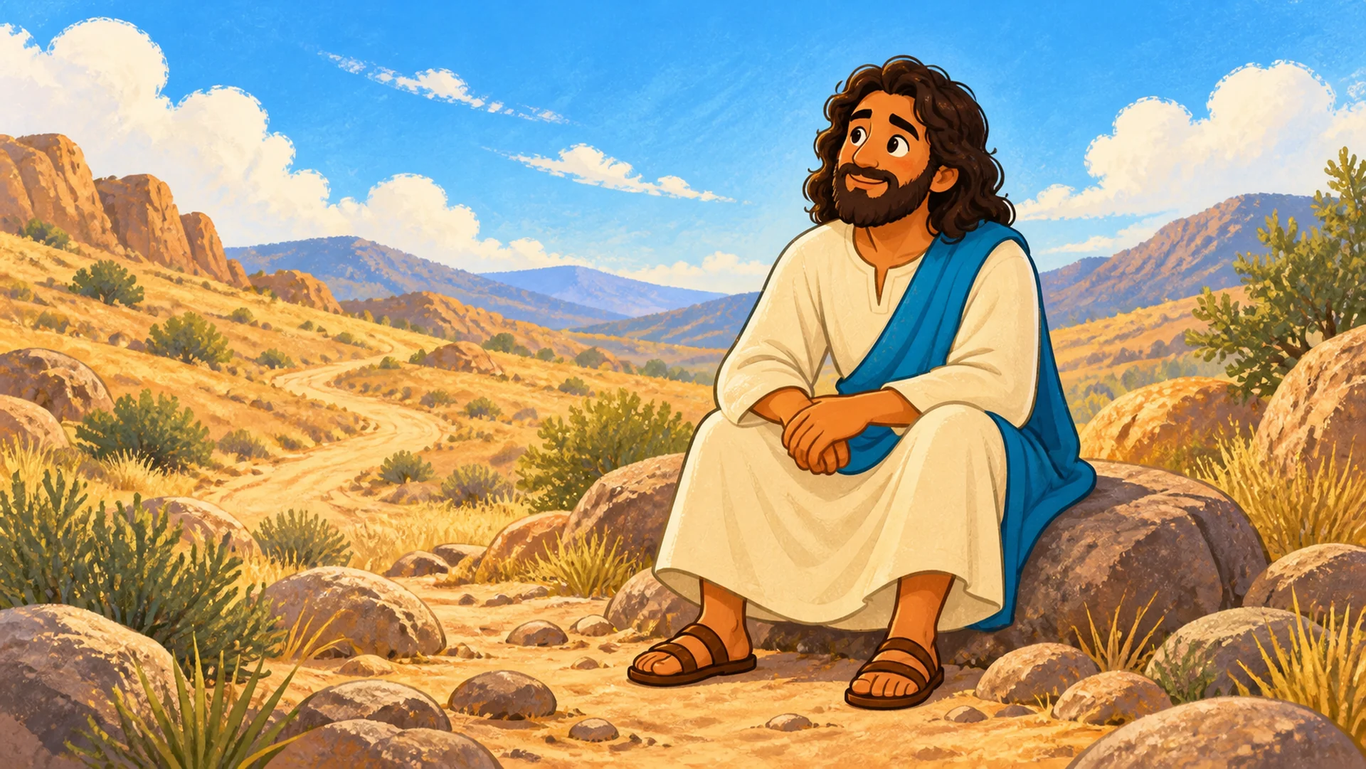 Jesús permanece en silencio entre las rocas y los caminos del desierto.
