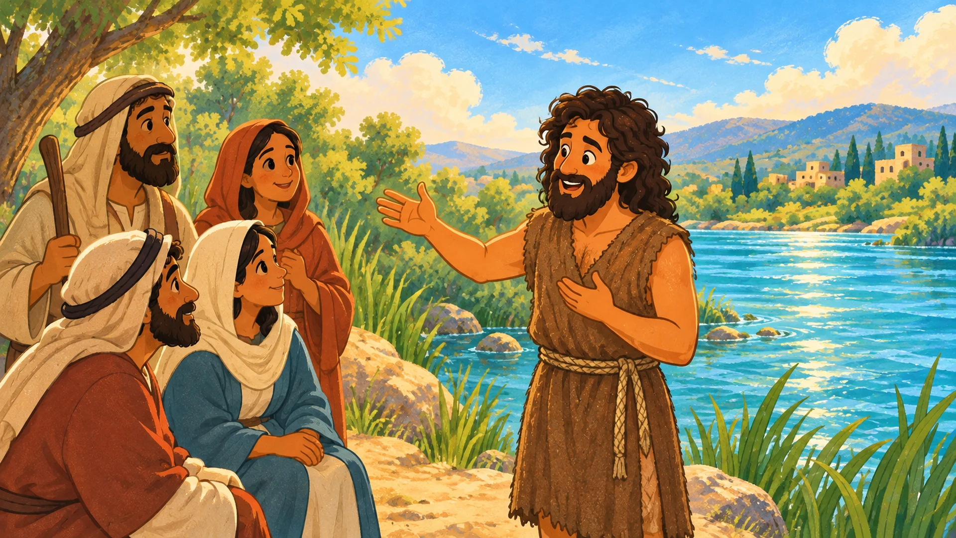 Juan el Bautista habla con unas personas junto a la orilla del Jordán.