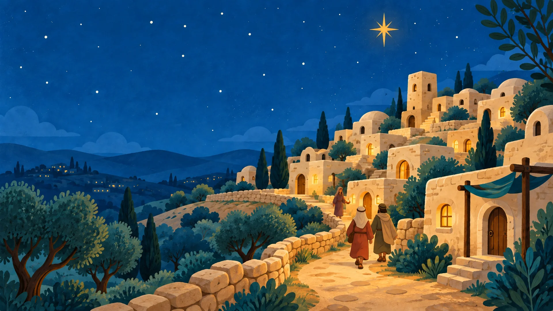 Interpretación artística de tres aldeanos caminando por Belén bajo las estrellas.