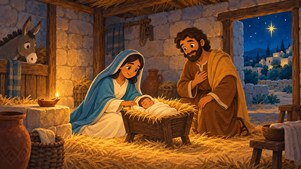 María y José junto al niño Jesús en el pesebre.