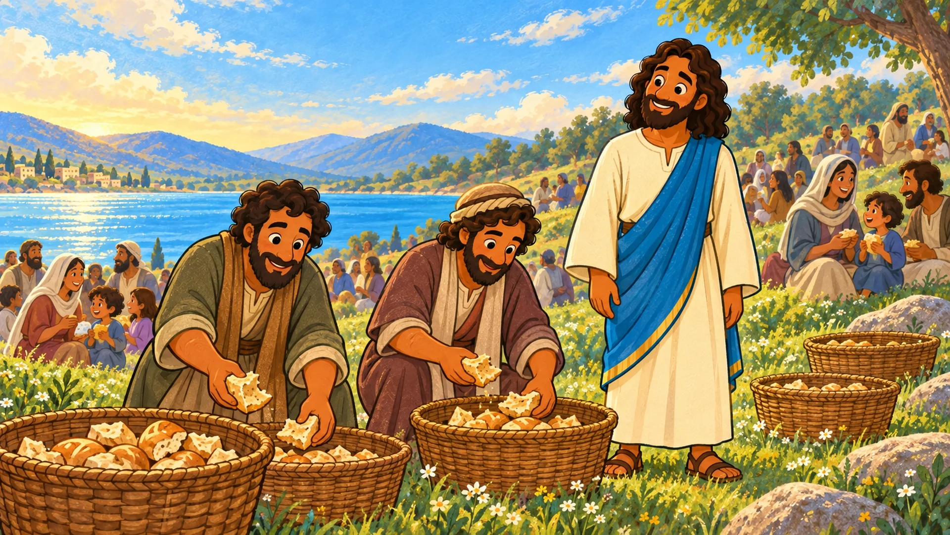 Los discípulos recogen los pedazos de pan que han sobrado en cestas mientras Jesús los acompaña.