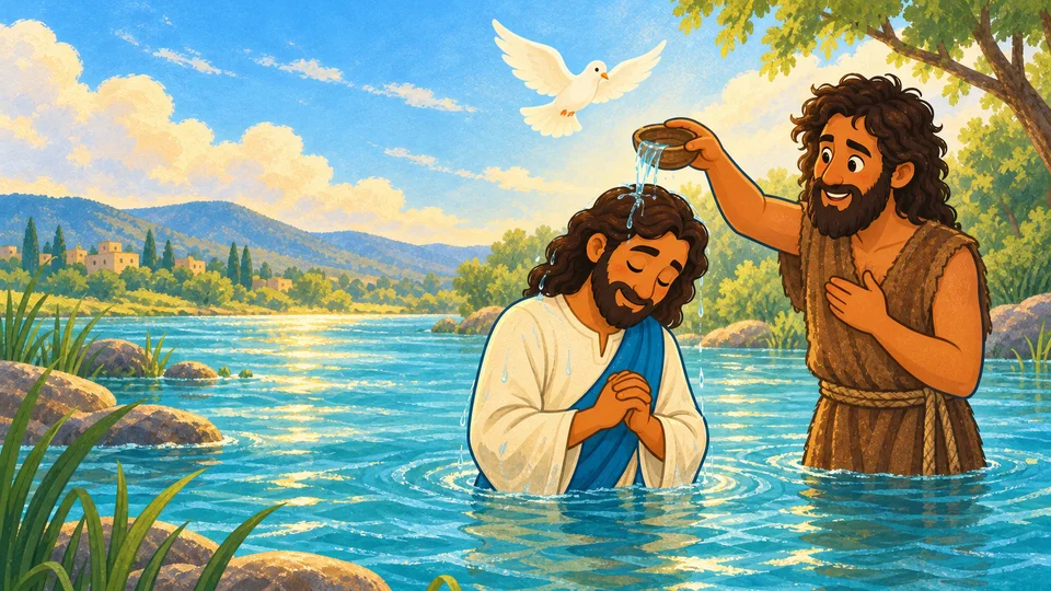 Juan bautiza a Jesús en el río Jordán; una paloma aparece sobre ellos.