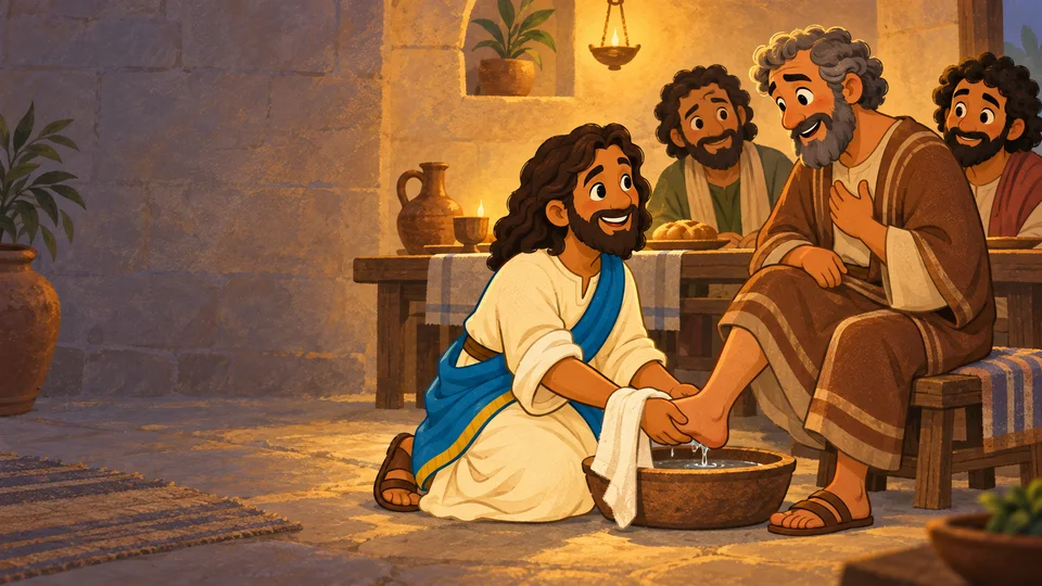 Jesús se arrodilla ante Pedro para lavarle los pies junto a una palangana.