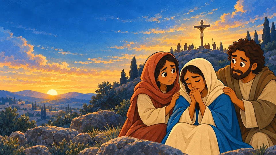 Personas cercanas a Jesús se acompañan en el dolor ante la cruz vista a distancia, sin detalles gráficos.