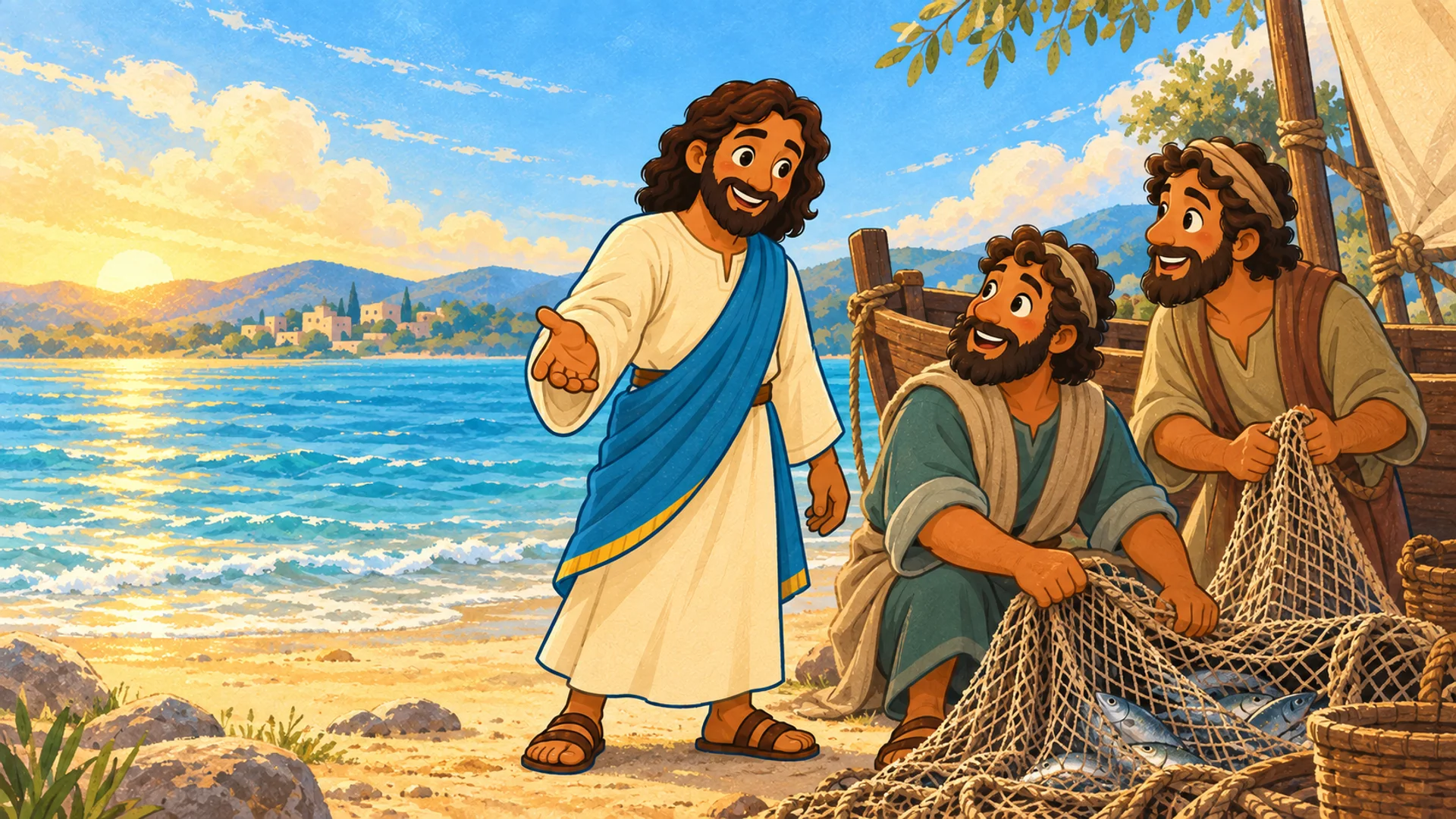 Jesús invita a dos pescadores a seguirlo junto al lago de Galilea.