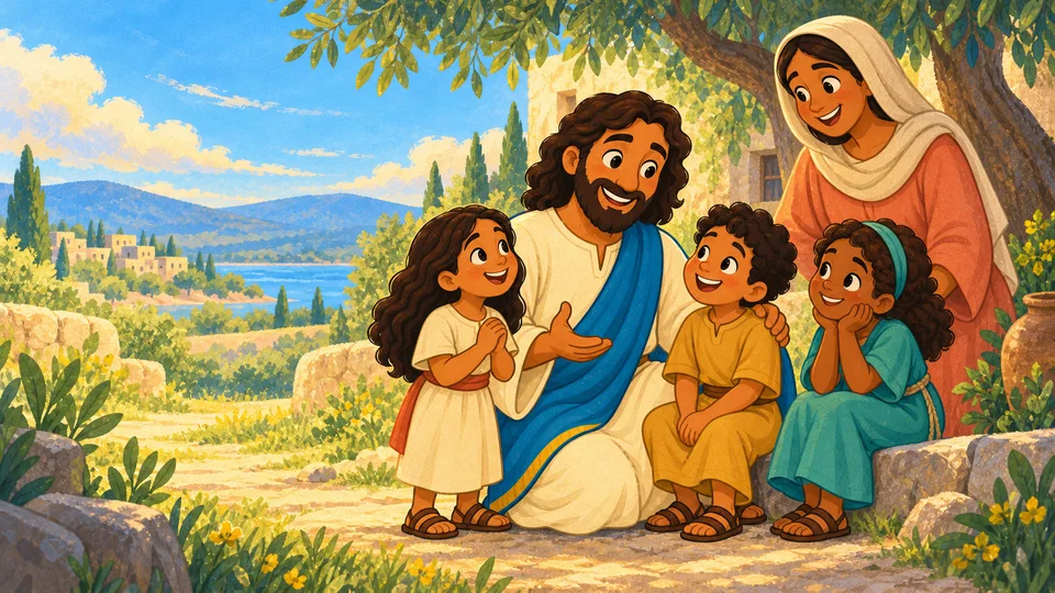 Jesús acoge a unos niños y se acerca a ellos a su altura.