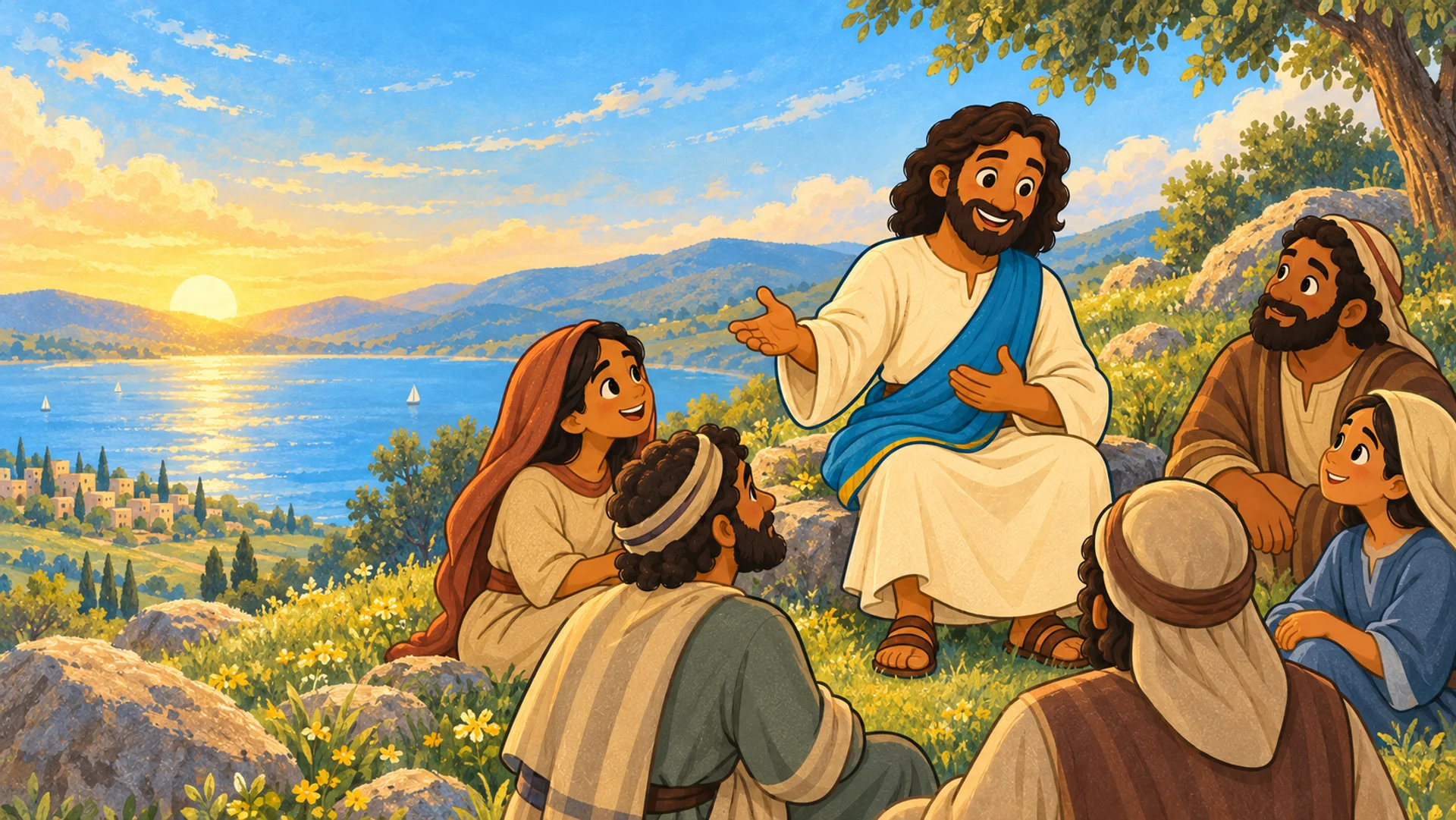 Jesús enseña a un grupo de personas sentado en una ladera de Galilea.