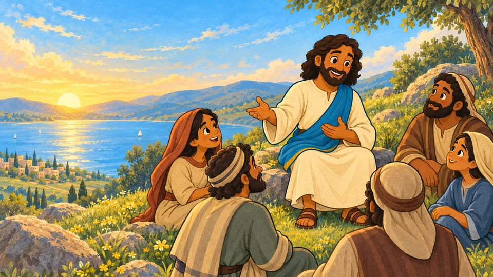 Jesús enseña a un grupo de personas sentado en una ladera de Galilea.