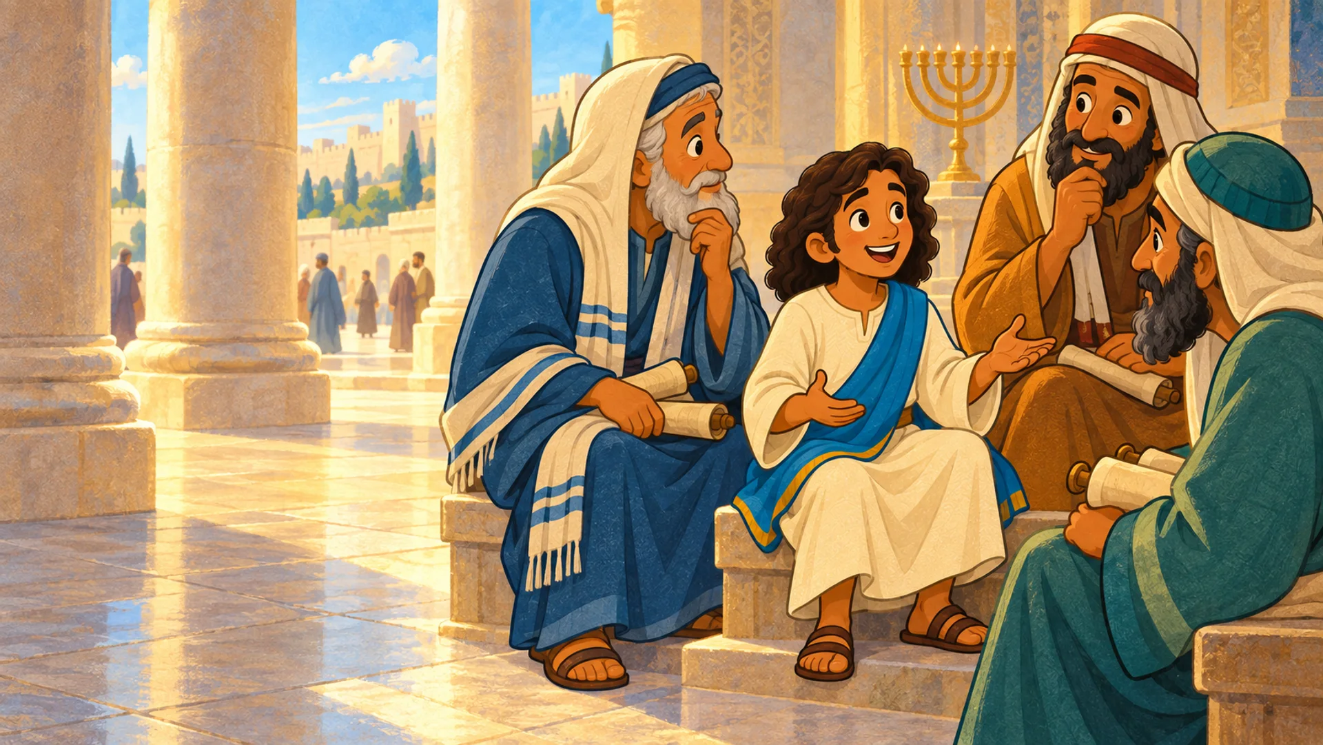 Jesús a los doce años conversa con maestros en el templo de Jerusalén.