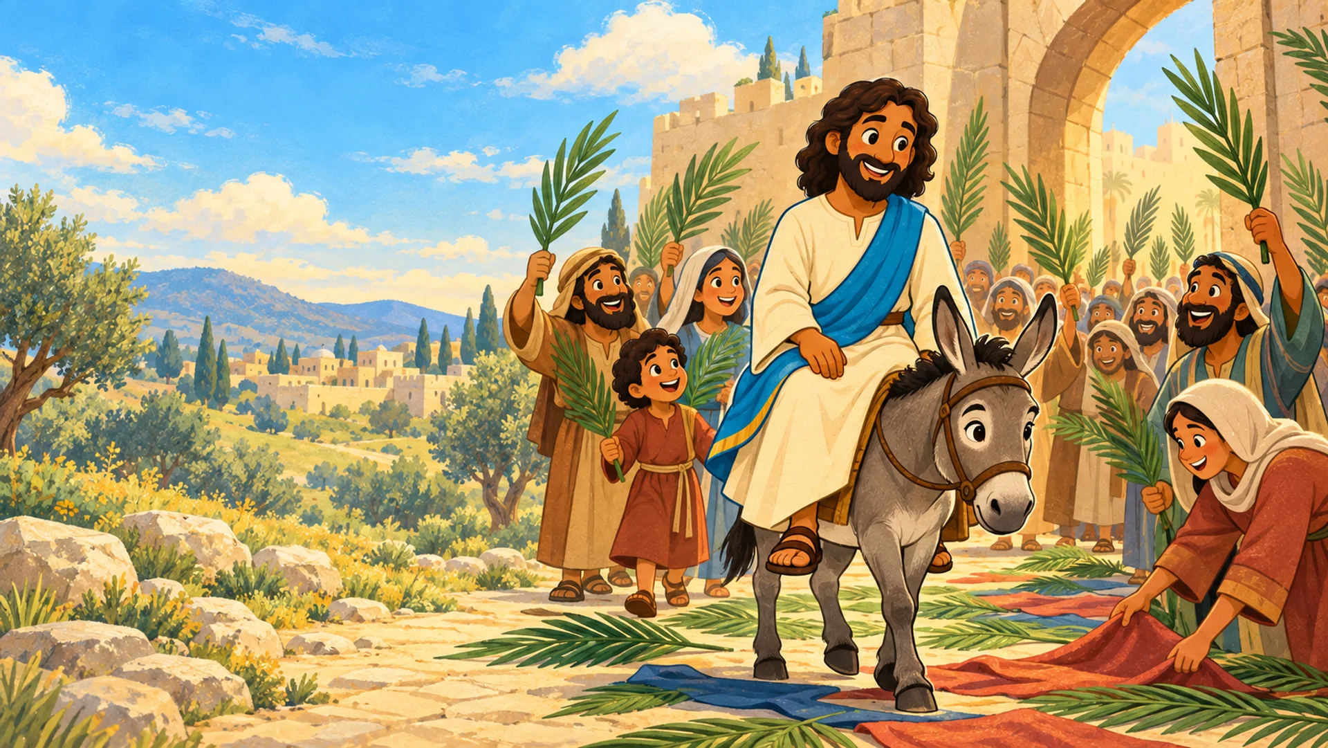 Jesús entra en Jerusalén montado en un asno mientras la gente lo recibe con ramas.