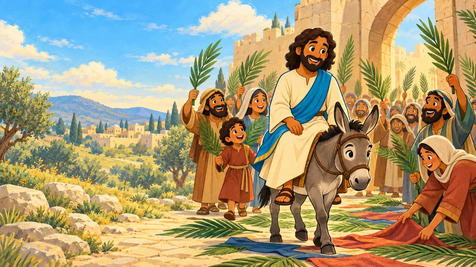 Jesús entra en Jerusalén montado en un asno mientras la gente lo recibe con ramas.