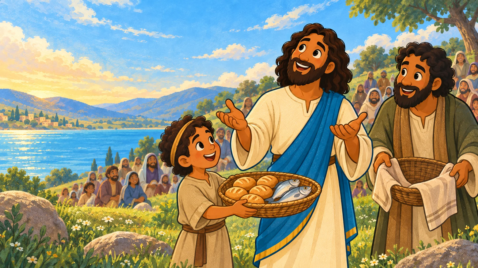 Un muchacho ofrece panes y peces a Jesús ante un grupo reunido en la ladera.