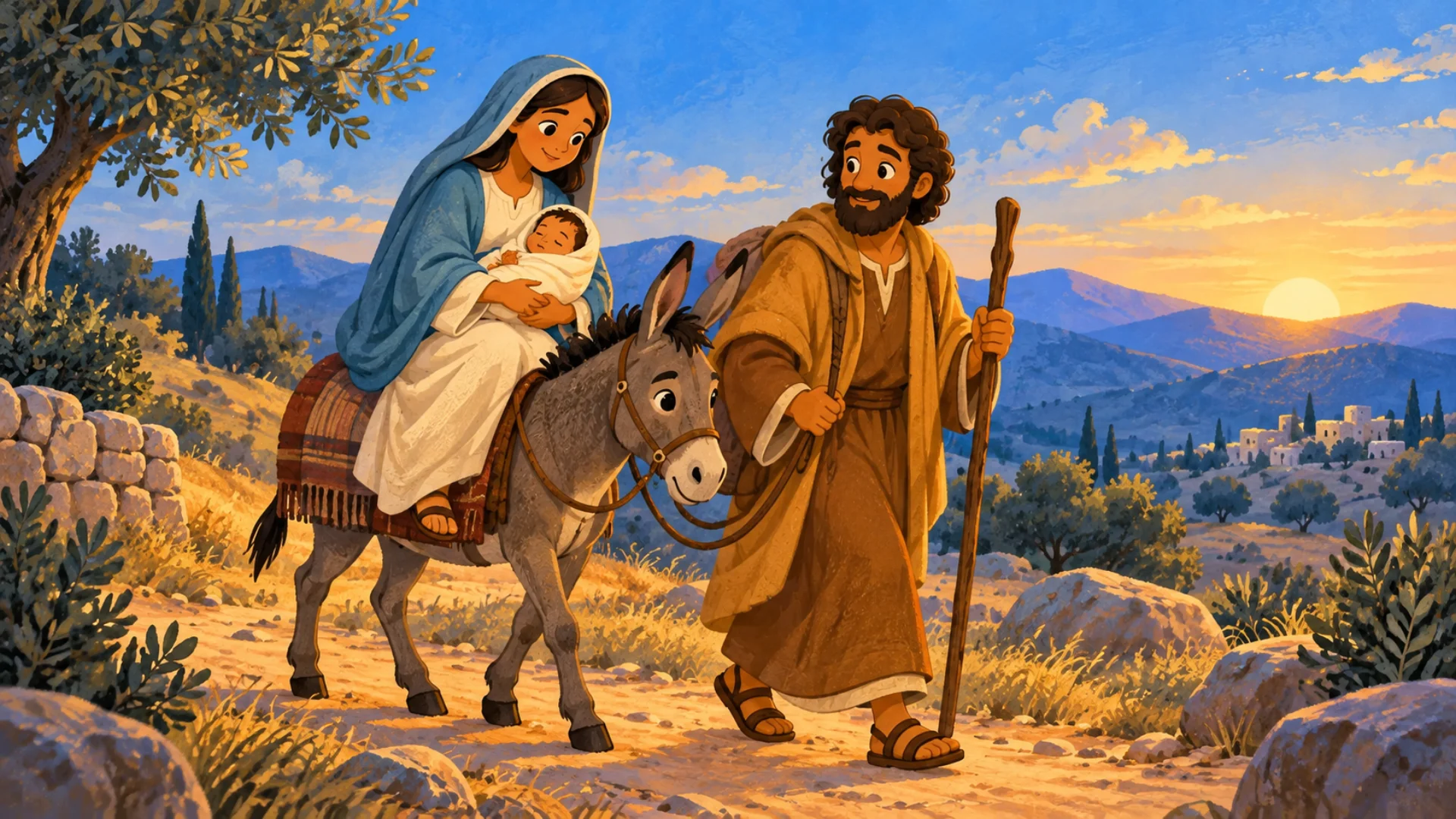 José acompaña a María y al pequeño Jesús por un camino hacia Egipto.