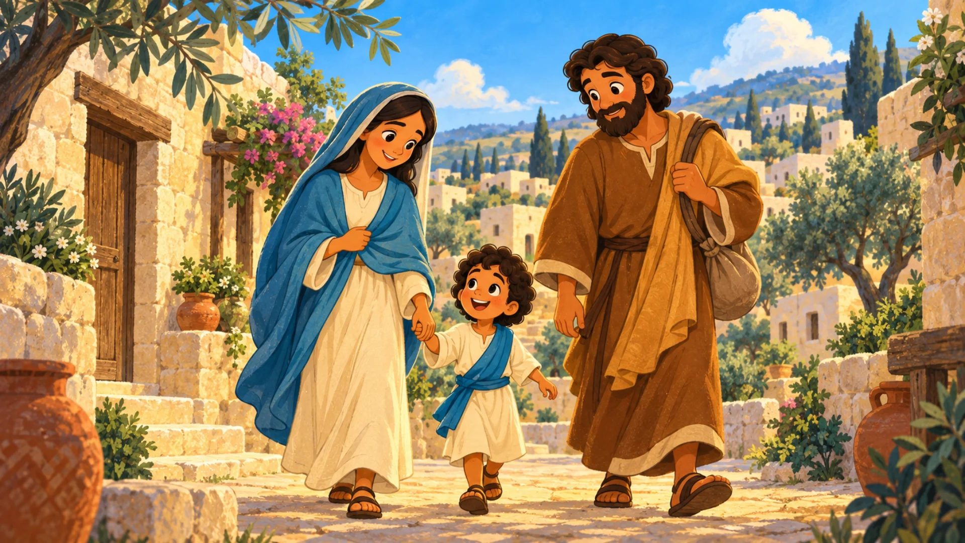 María y José caminan con Jesús pequeño entre las casas de Nazaret.