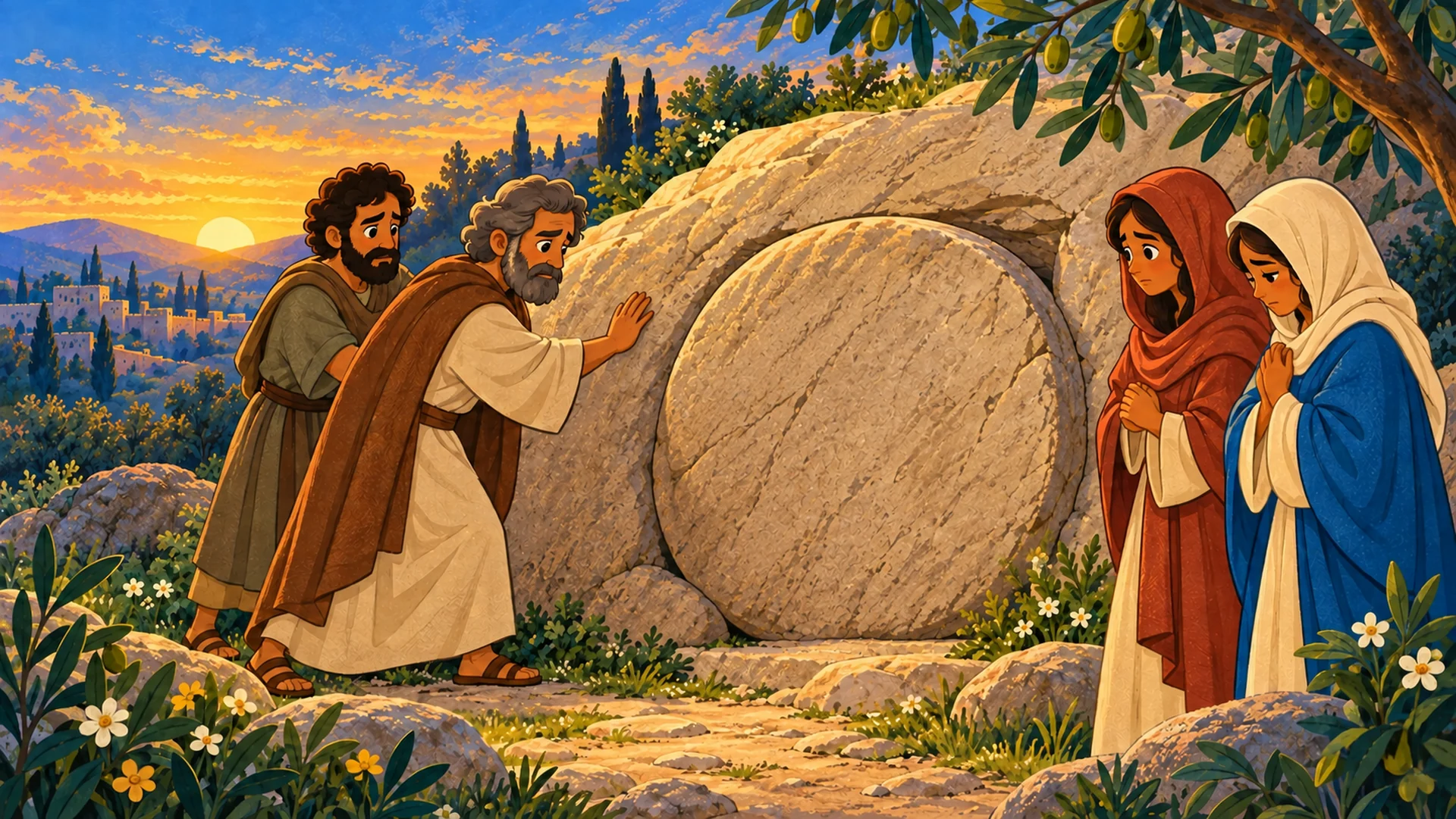 José de Arimatea junto al sepulcro al atardecer, mientras unas mujeres observan con respeto; no se muestra el cuerpo de Jesús.