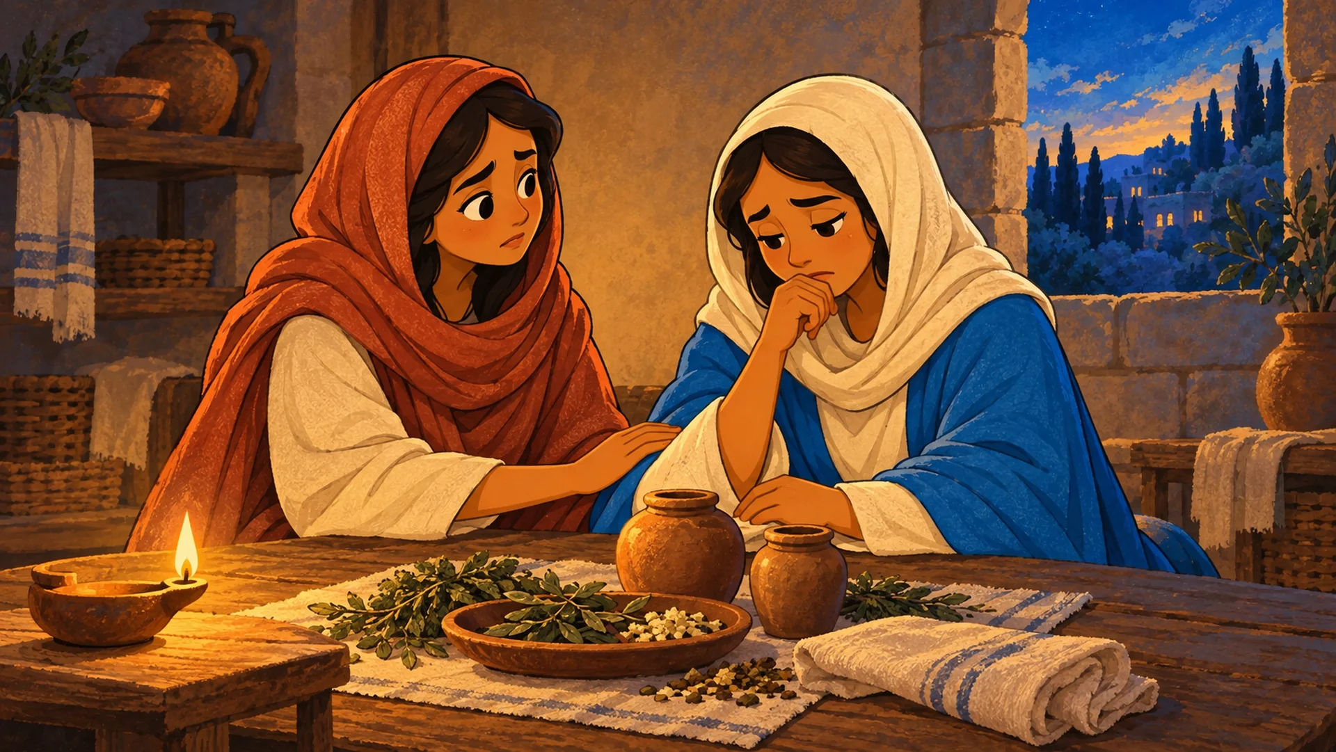 Dos mujeres preparan aromas junto a una lámpara y se acompañan en una casa al caer la noche.