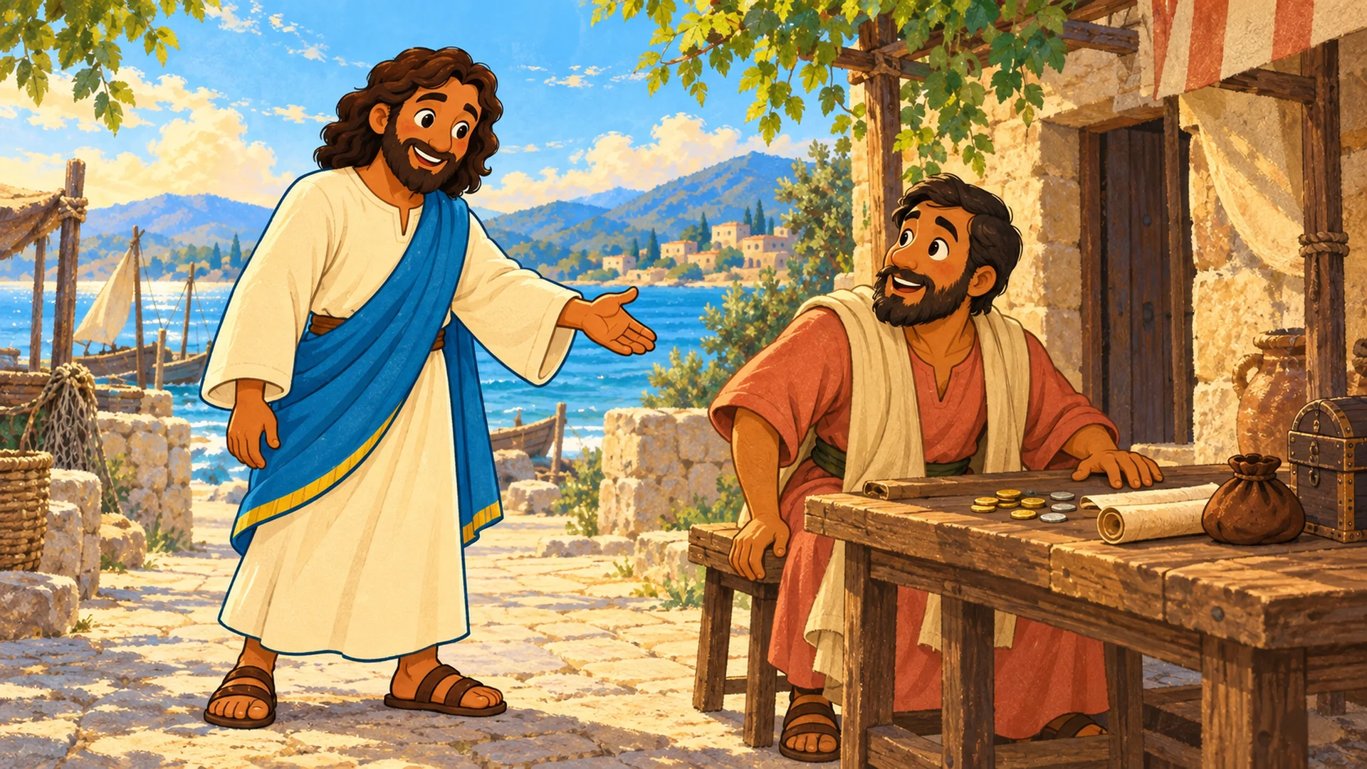 Jesús invita a Mateo a seguirlo mientras está sentado en su puesto de cobro de impuestos.