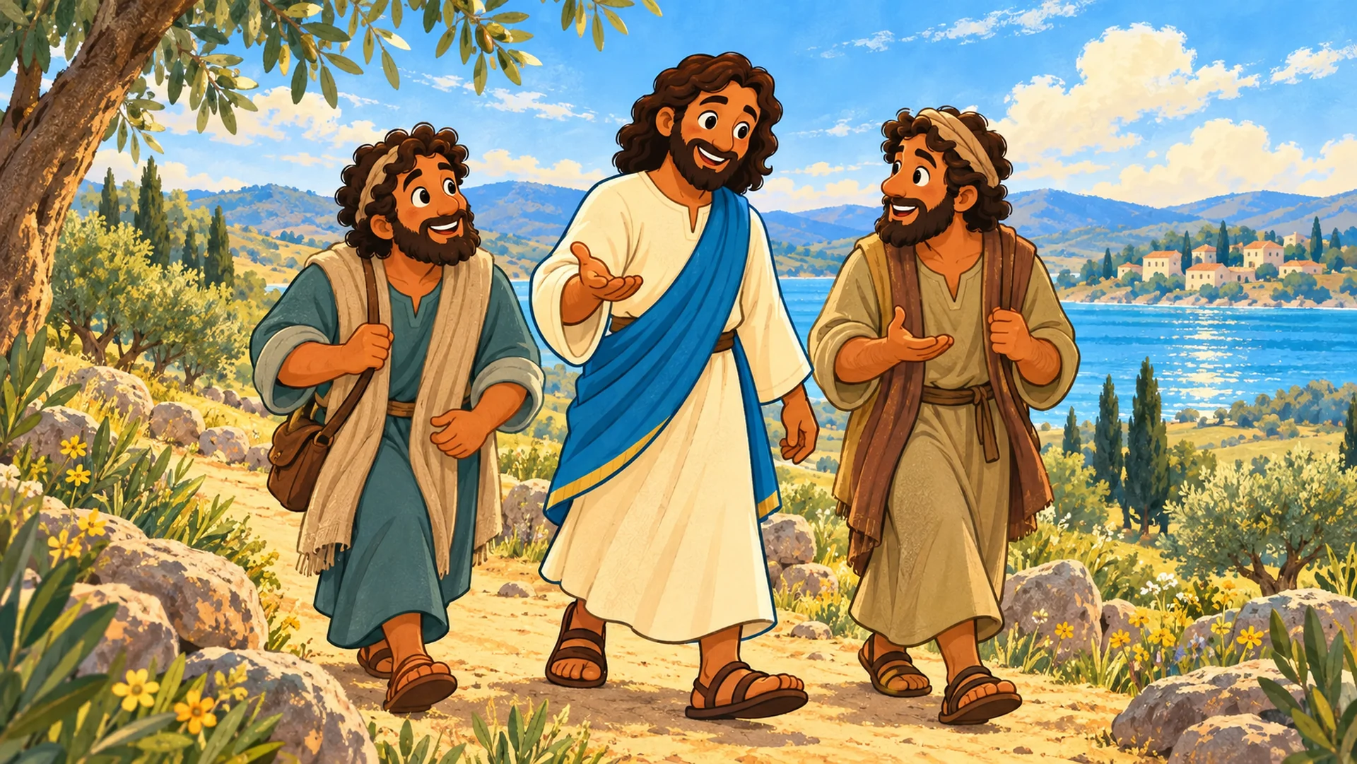 Jesús conversa con dos de sus discípulos mientras caminan por una colina de Galilea.