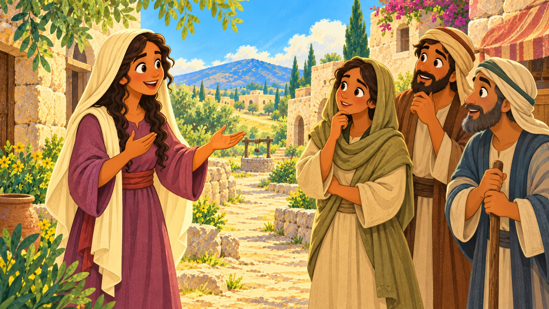 La mujer samaritana conversa con personas de su pueblo y las invita a conocer a Jesús.