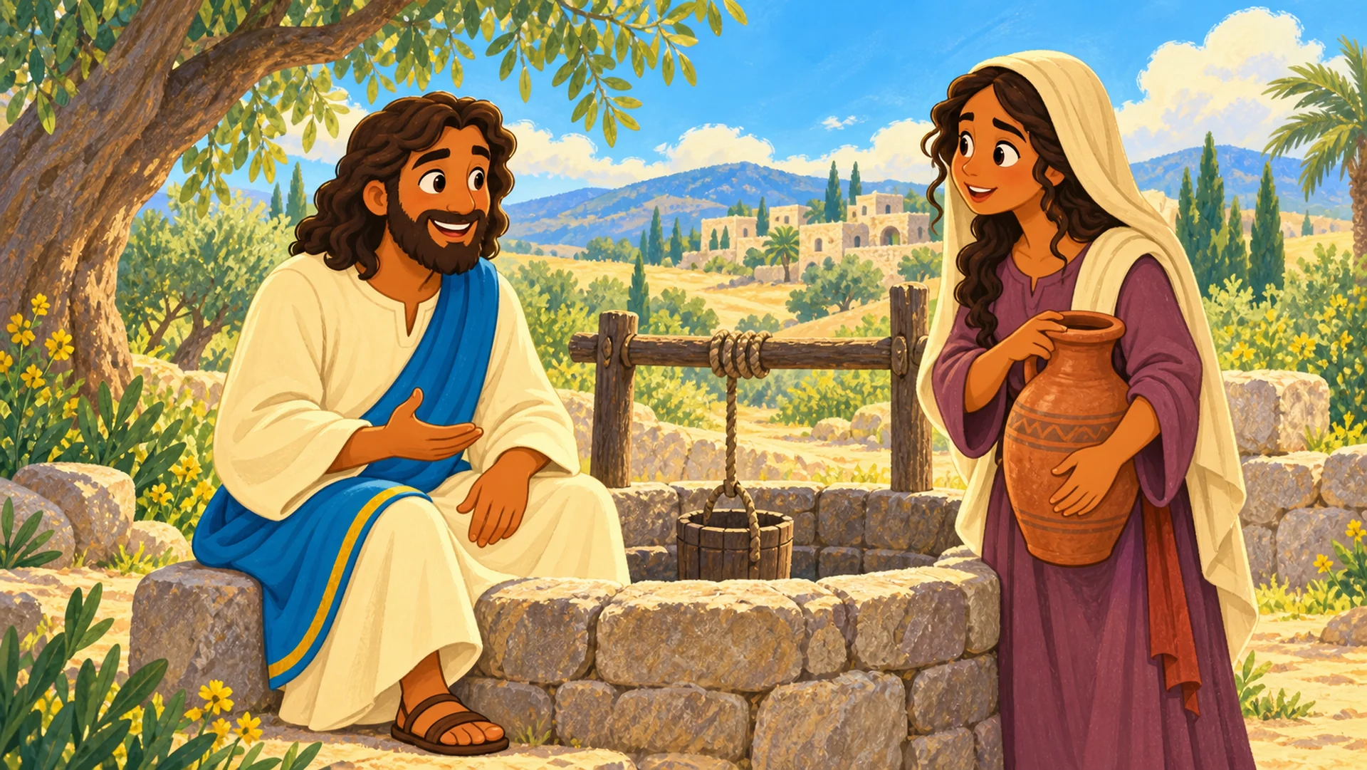Jesús escucha a una mujer samaritana junto a un pozo de piedra.