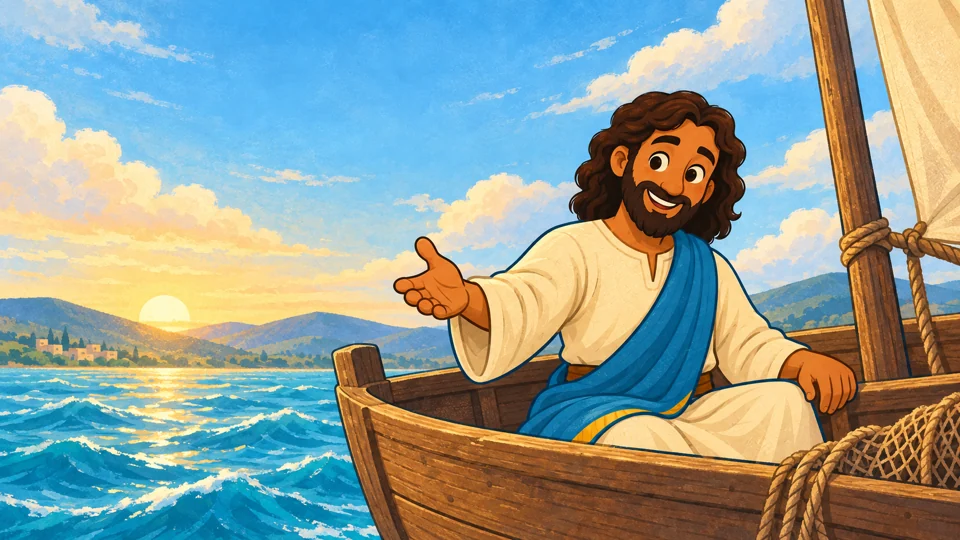 Jesús y sus discípulos en una barca en el lago de Galilea.