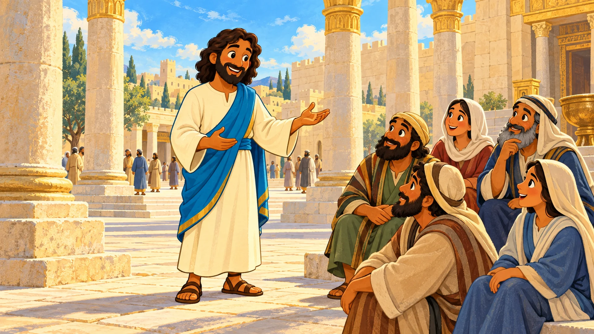 Jesús enseña a un grupo de personas en un patio de piedra del templo de Jerusalén.