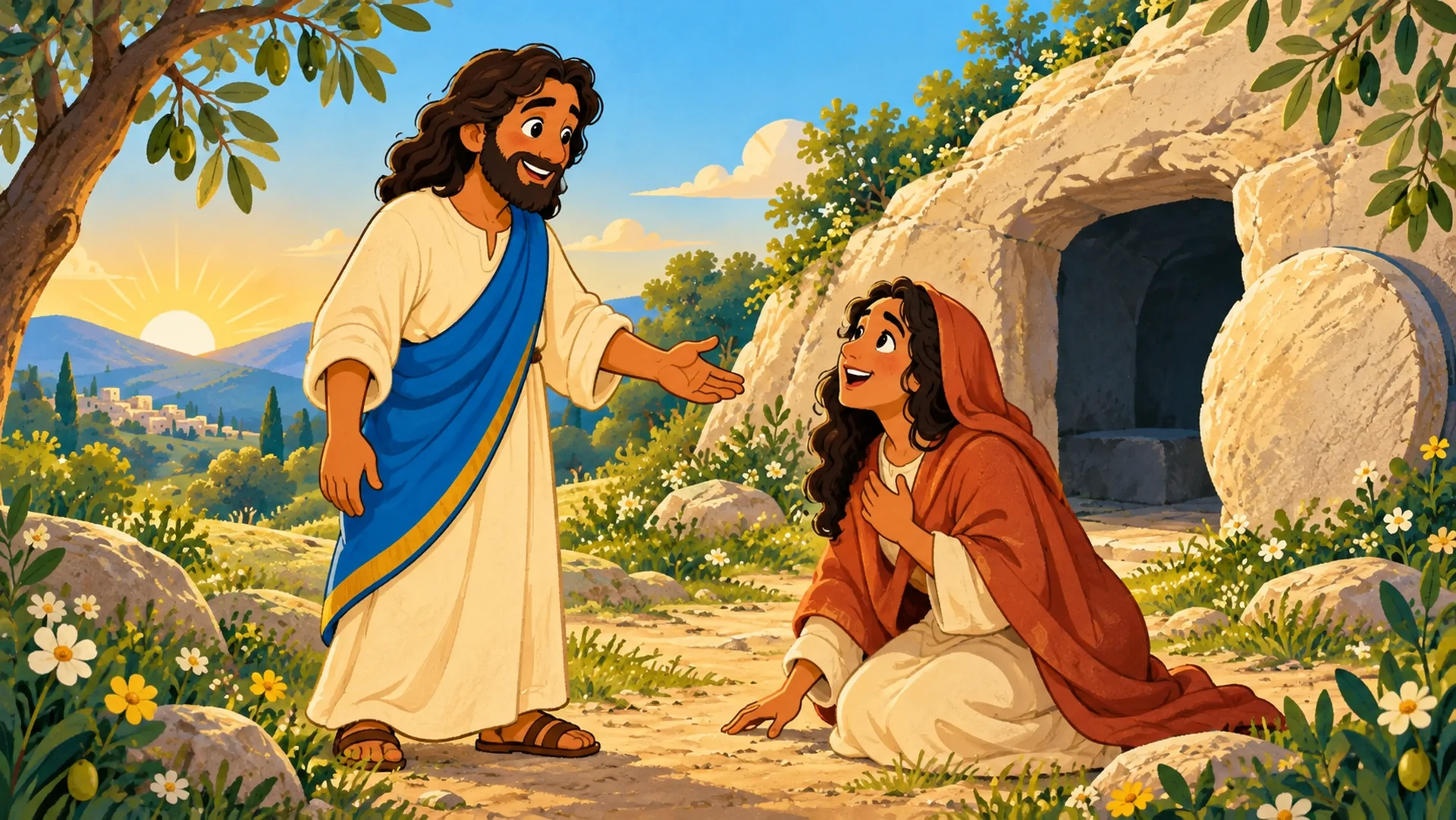 Jesús resucitado se encuentra con María Magdalena en el jardín junto al sepulcro abierto.