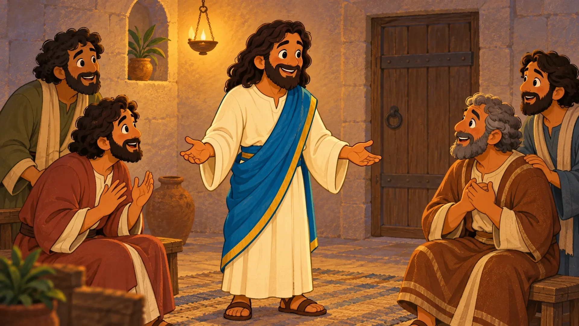 Jesús resucitado ofrece paz a sus discípulos reunidos en una habitación con la puerta cerrada.