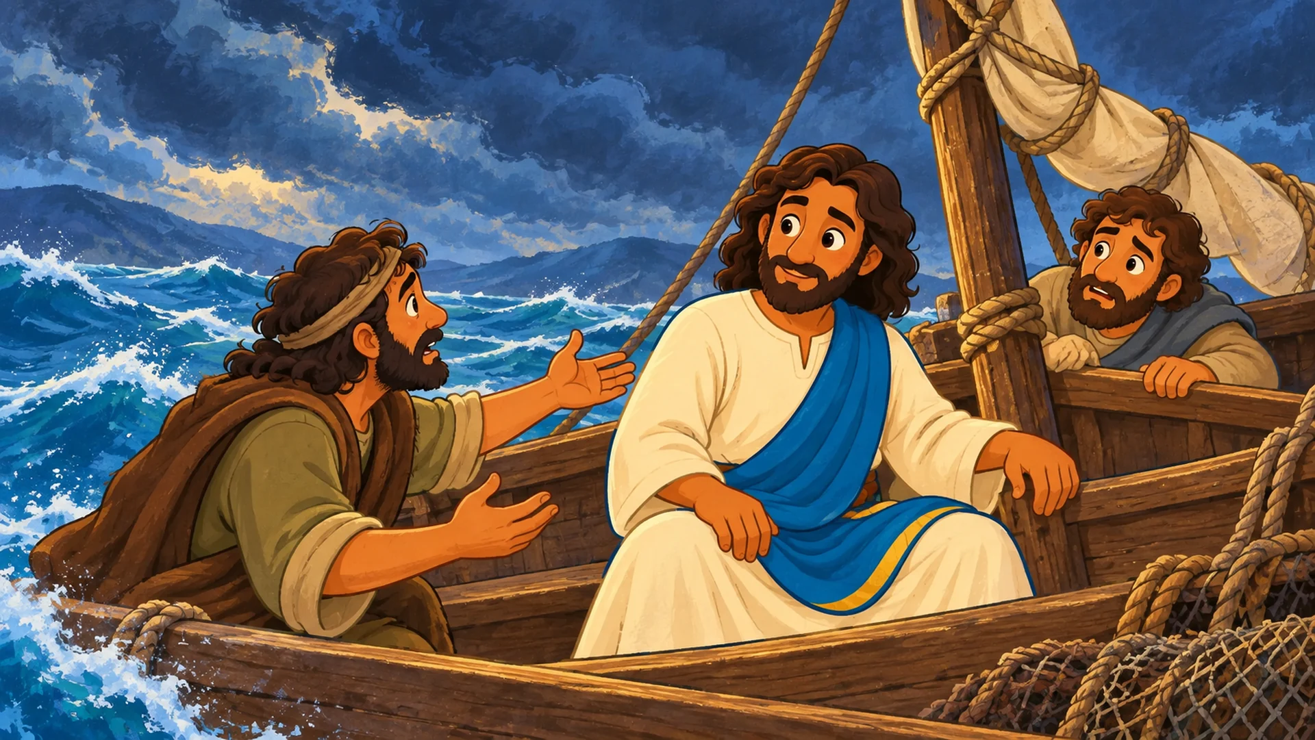Los discípulos despiertan a Jesús y le piden ayuda mientras las olas rodean su barca.