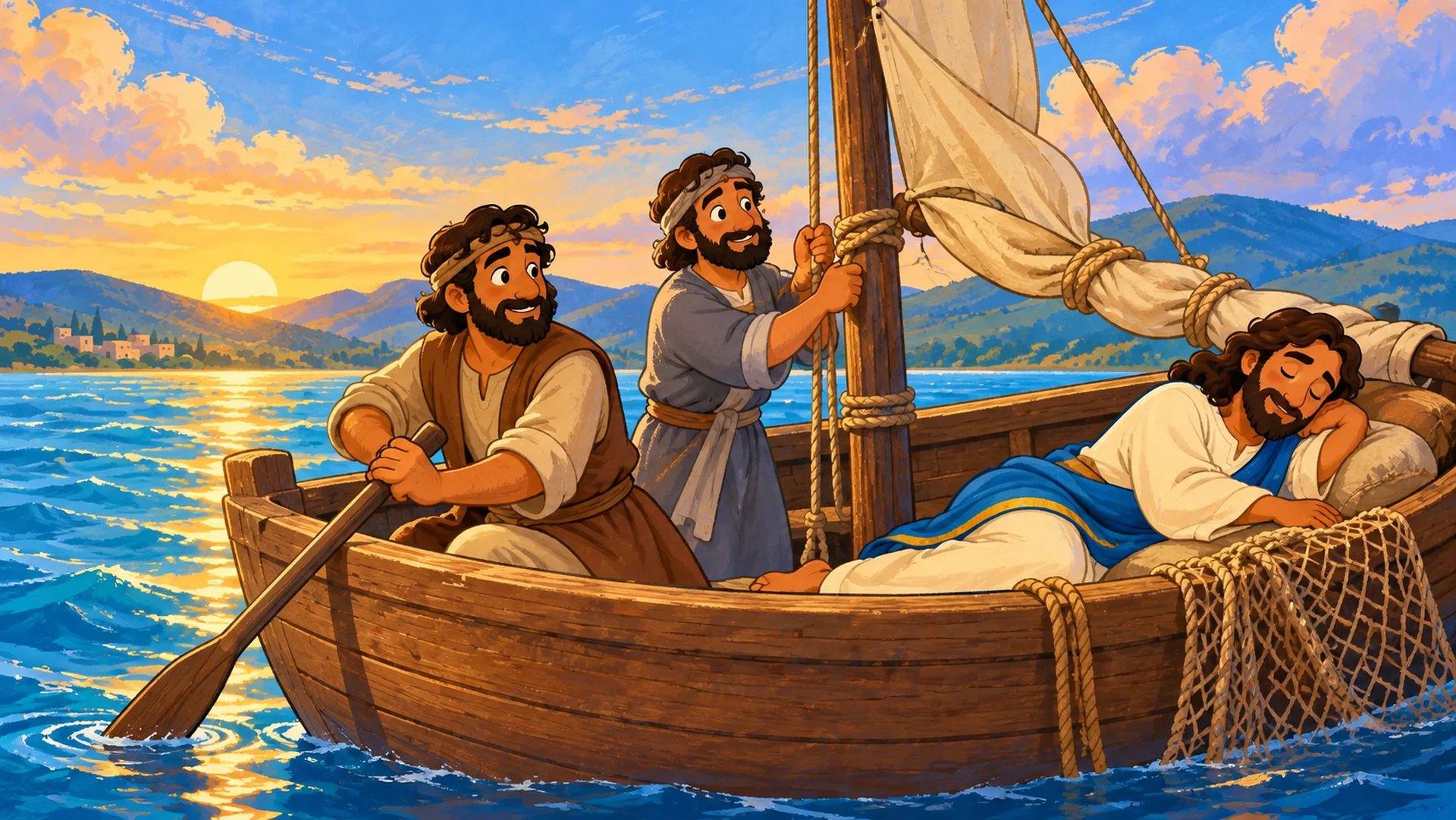 Jesús duerme sobre un cojín dentro de una barca mientras sus discípulos cruzan el lago al atardecer.