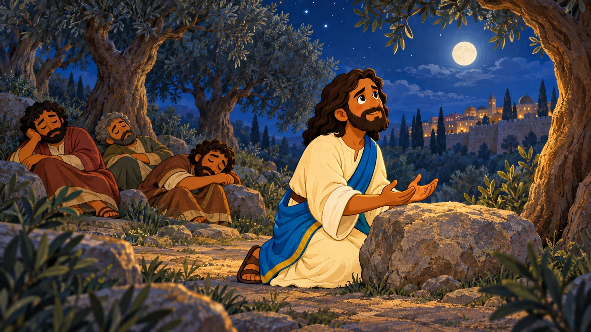 Jesús ora entre los olivos de Getsemaní por la noche, mientras tres discípulos descansan a cierta distancia.