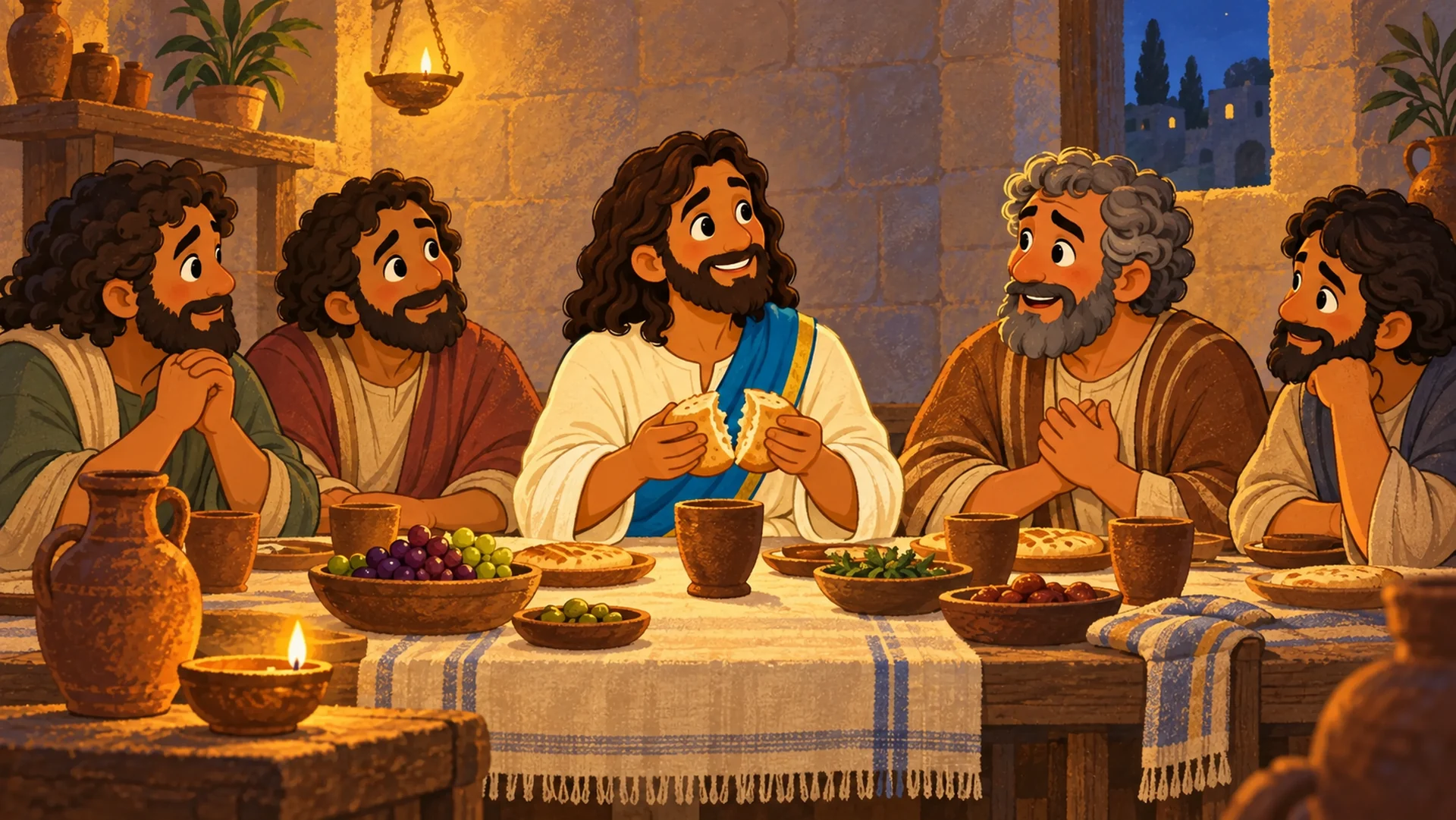 Jesús comparte el pan con sus discípulos alrededor de una mesa, con una copa delante de ellos.