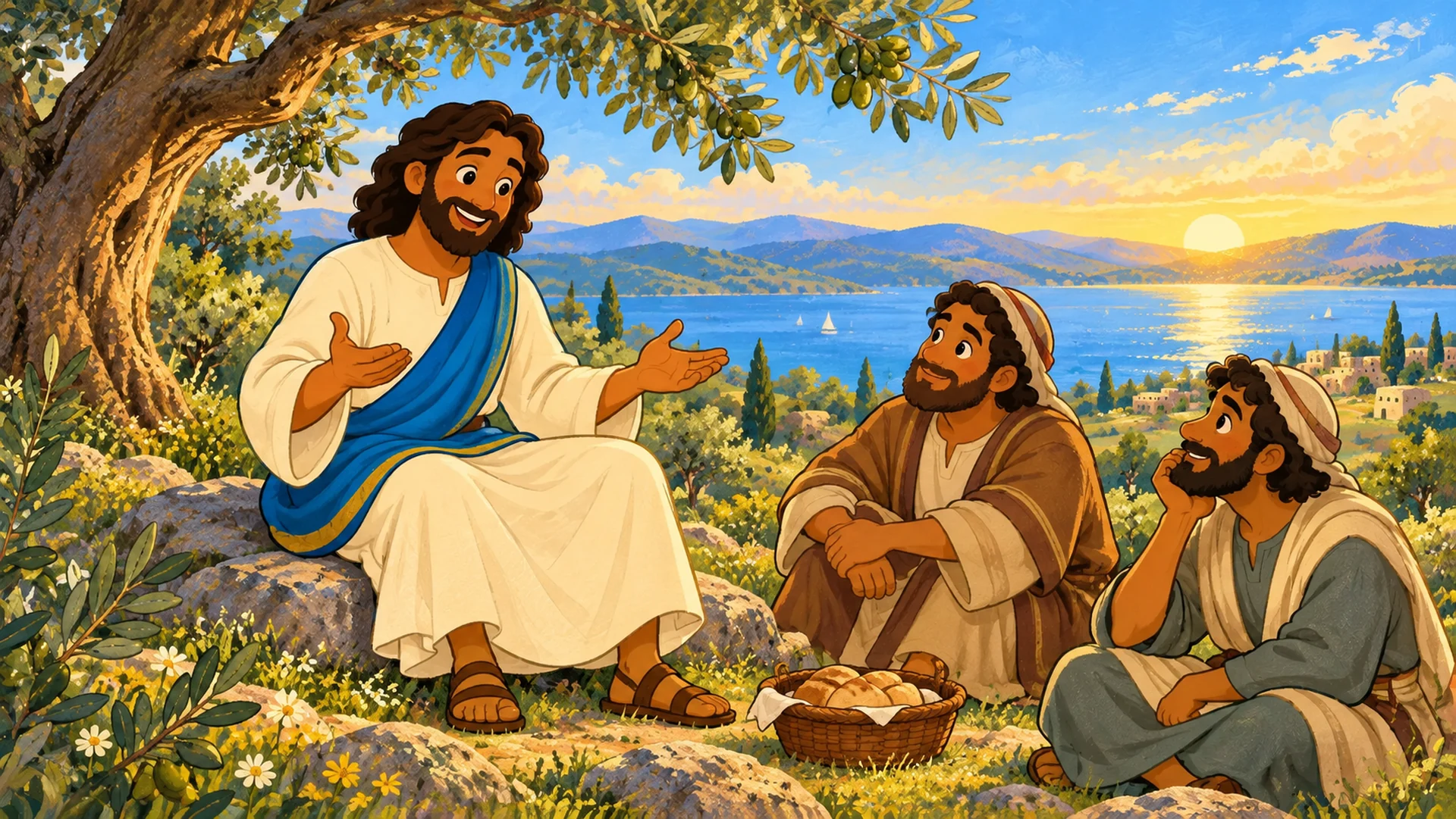 Jesús conversa con dos discípulos bajo un olivo mientras les enseña a orar.