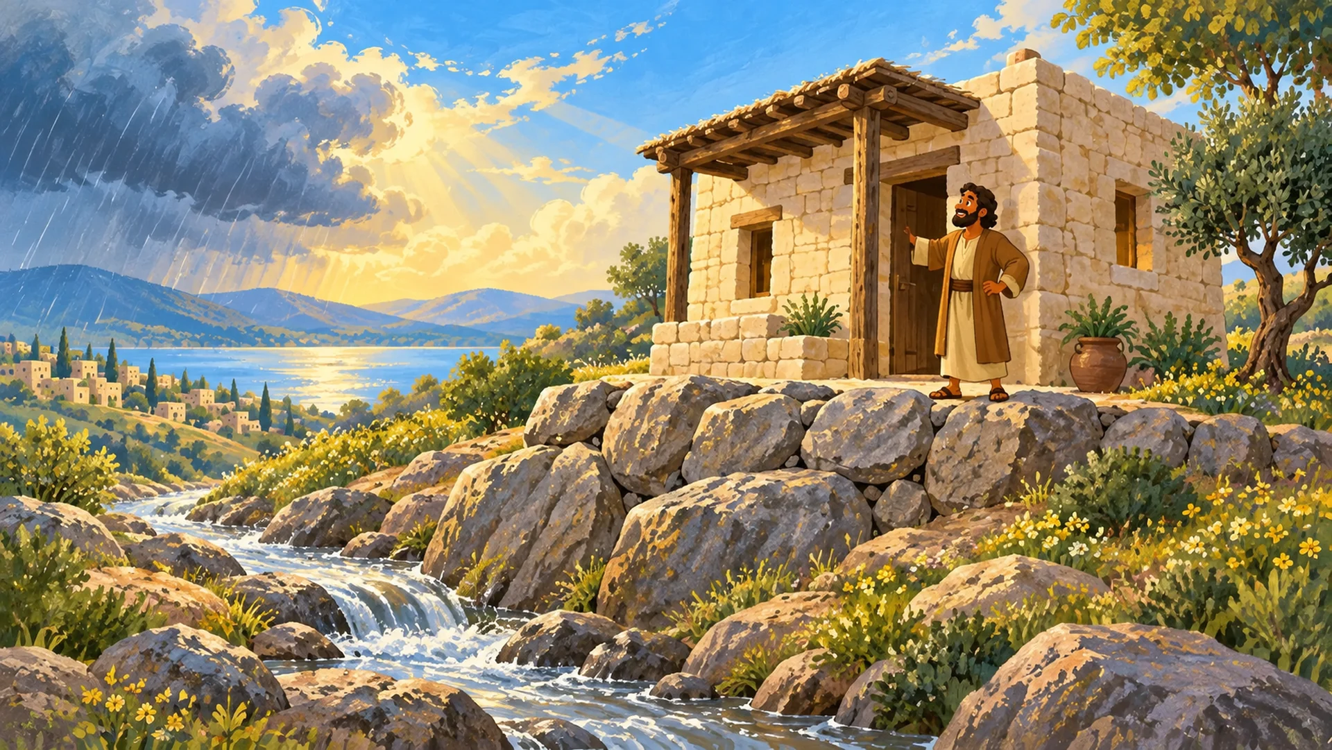 Una casa de piedra permanece firme sobre una base rocosa después de la lluvia, como en la comparación de Jesús.
