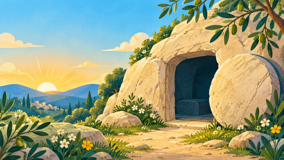 El sepulcro abierto en la mañana de la resurrección.